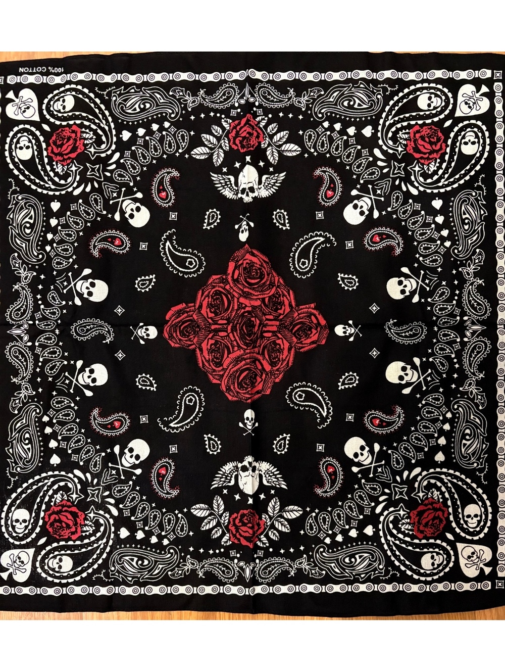 Black Cotton Bandana with Red Roses and Skull Paisley Pattern